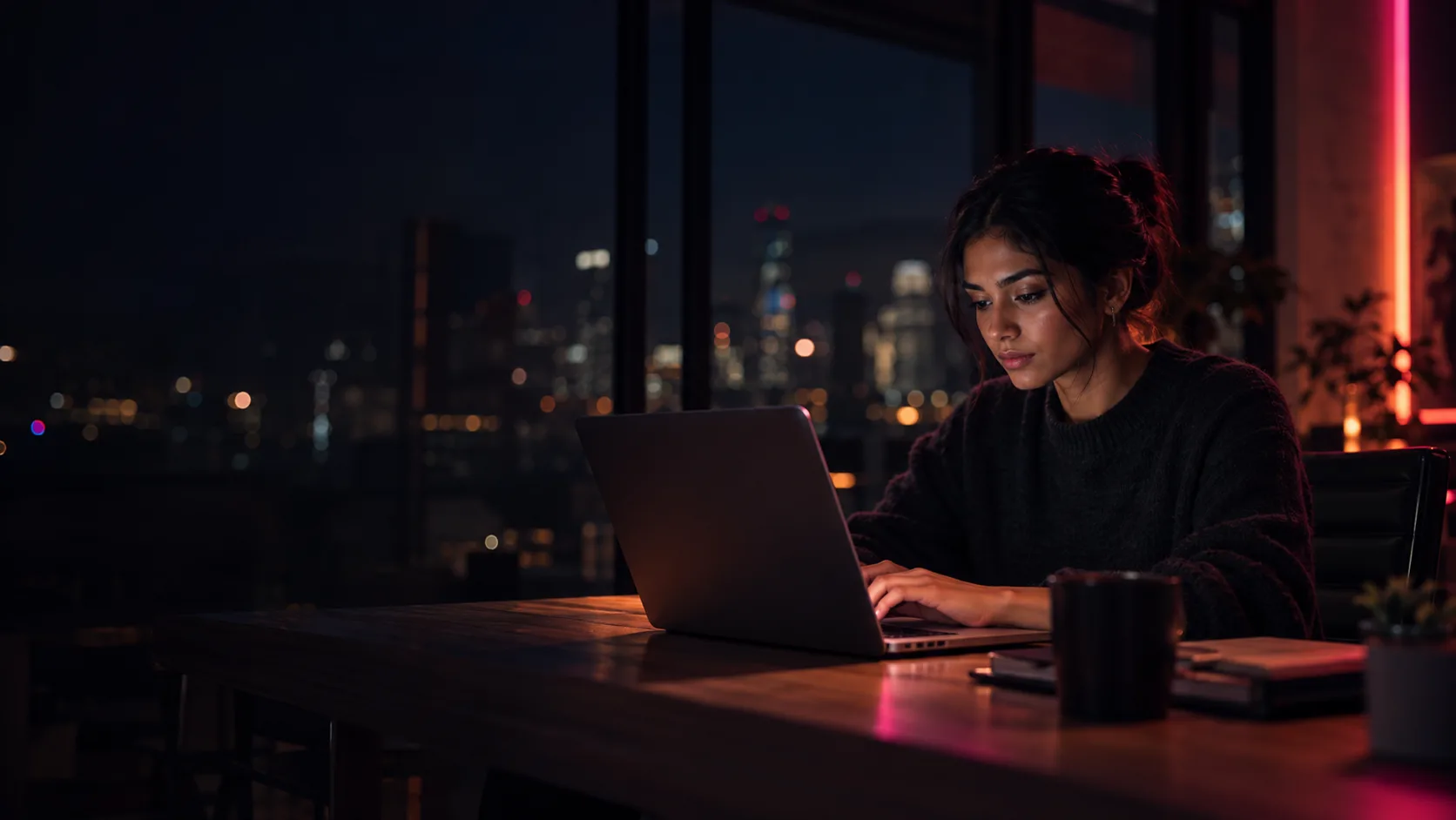 A person working late at a laptop by a window, the city lit up behind them.