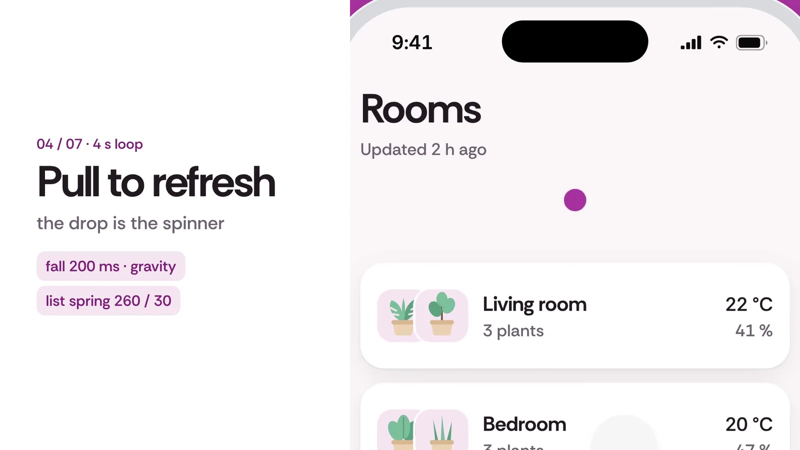 Dewly: 16:9 · 0:09 · the pull-to-refresh drop is the spinner