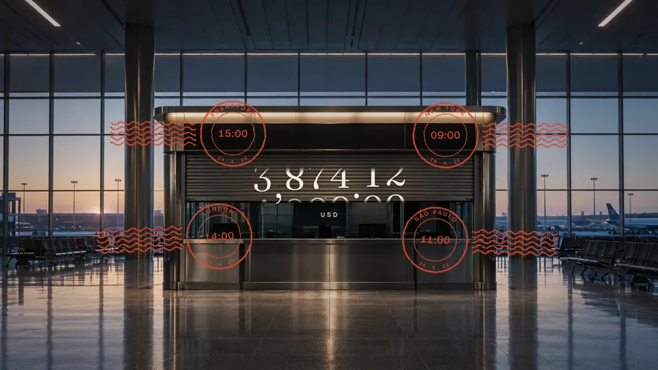 The Whole Amount, frame 4: The exchange booth. The last digits shiver, then settle.