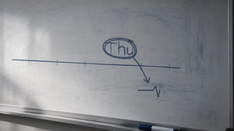 The Last Person Who Knew, frame 1: The wiped whiteboard redraws itself: Thursday, circled twice.