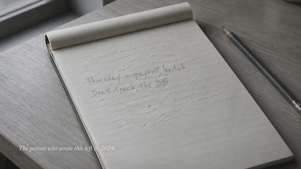 The Last Person Who Knew, frame 2: The legal pad. The dent of a pen comes back as a sentence.