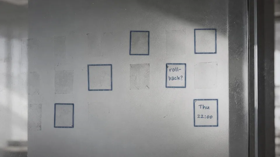 The Last Person Who Knew, frame 3: The glass partition, where the sticky notes used to be.