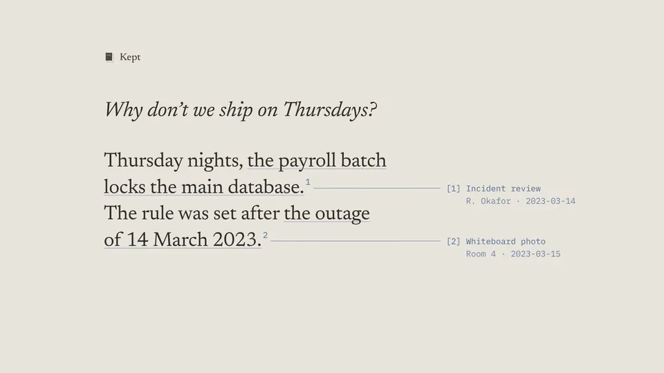 The Last Person Who Knew, frame 4: The only product moment: the answer, with two sources.