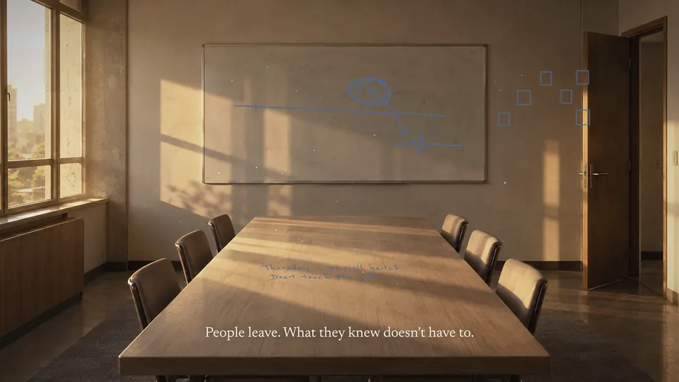 The Last Person Who Knew, frame 5: The same room in late light. People leave.