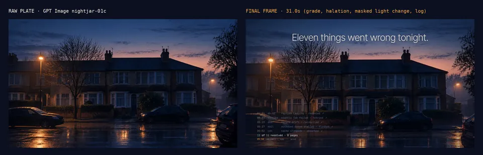 Raw plate and final frame: Street blue hour.