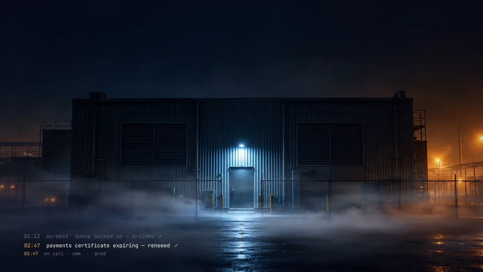 Nothing Happened Tonight, frame 2: The server hall in fog, two lines in the log.