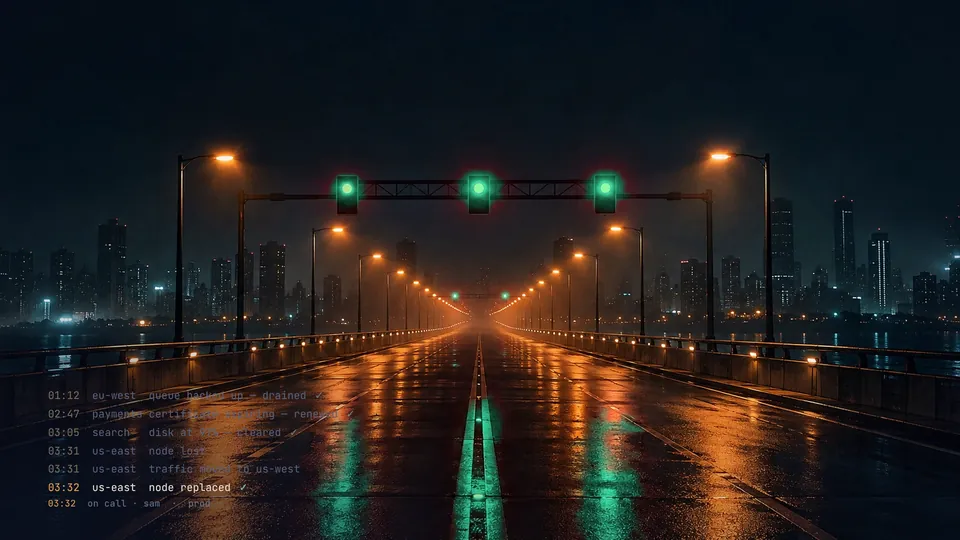 Nothing Happened Tonight, frame 3: The empty bridge. Three lines in two seconds; the signals change for nobody.