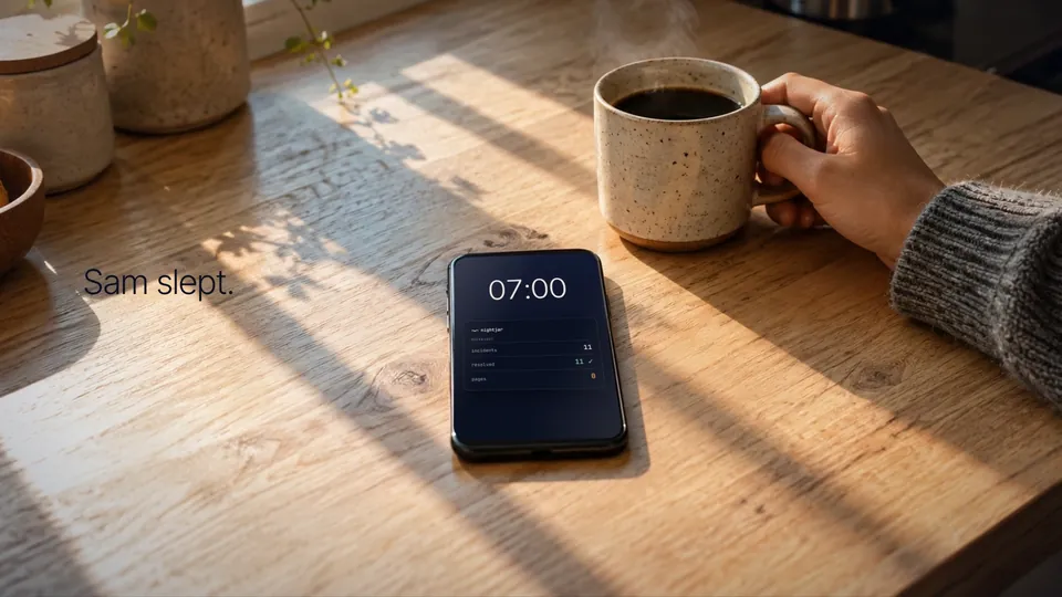 Nothing Happened Tonight, frame 6: 07:00. The only product moment: the overnight card.